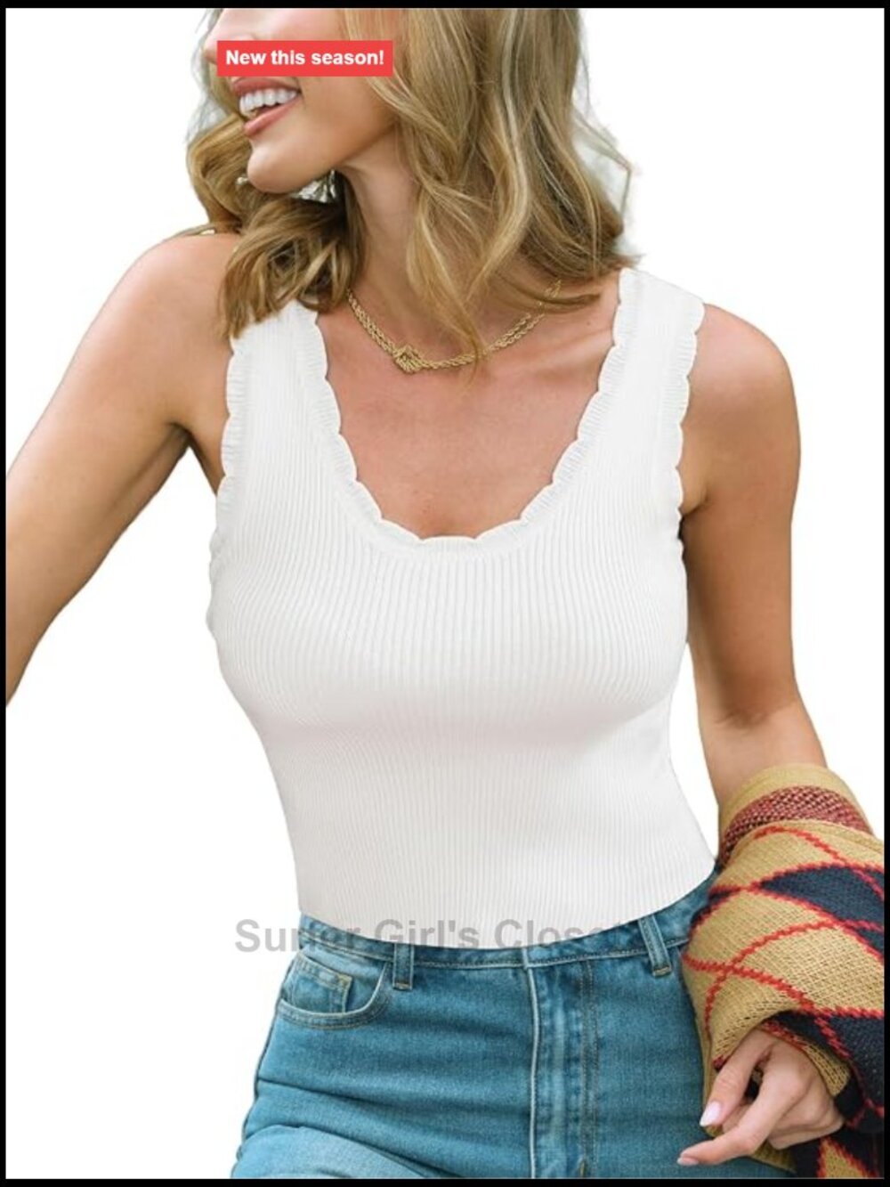 CUPSHE V-Neck Ribbed Knit Tank Top Scalloped Trim Sleeveless Vest